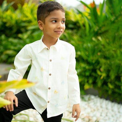 Mini Sail Boats Embroidered Organic Cotton Shirt - White