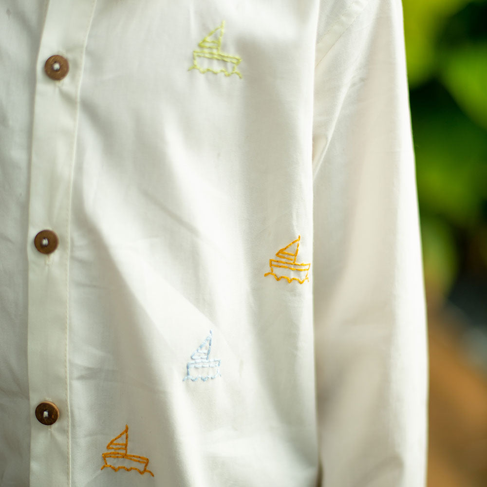 Mini Sail Boats Embroidered Organic Cotton Shirt - White