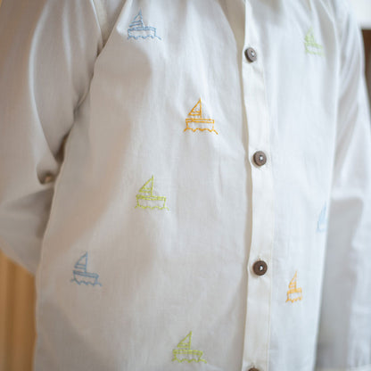 Mini Sail Boats Embroidered Organic Cotton Shirt - White