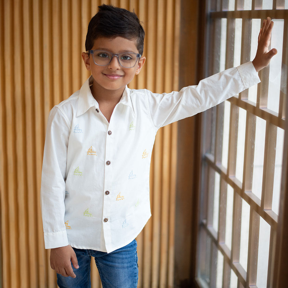 Mini Sail Boats Embroidered Organic Cotton Shirt - White