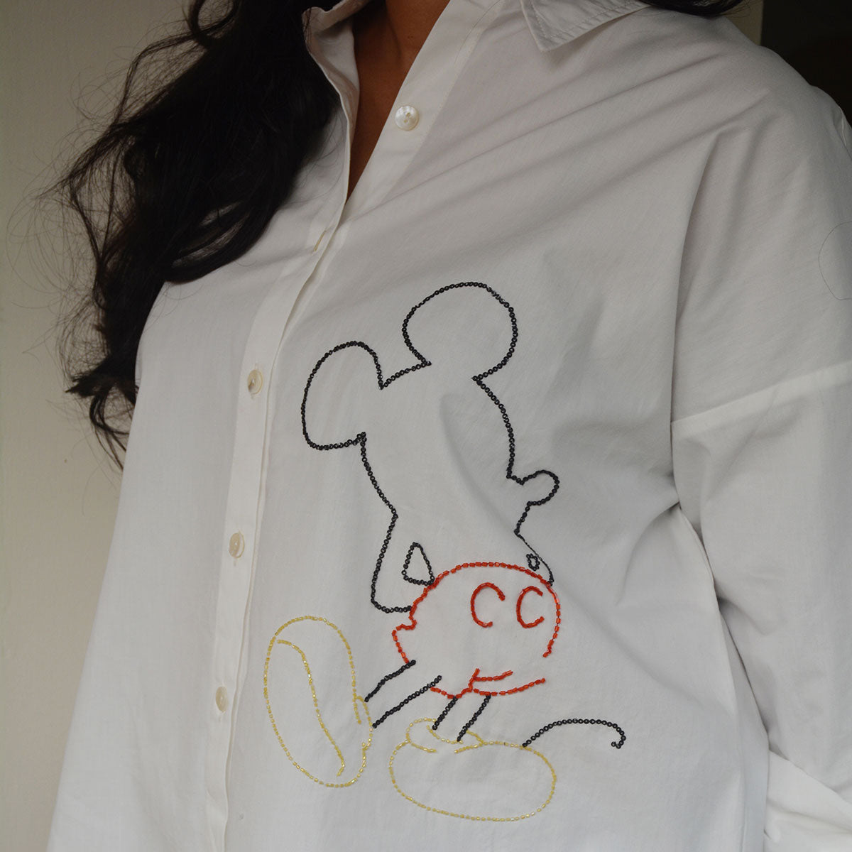 Mouse Embellished Women's Shirt - Black/White