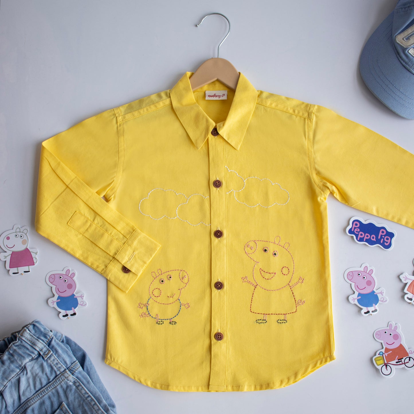 Sibling Pigs Embroidered Unisex Shirt - Yellow