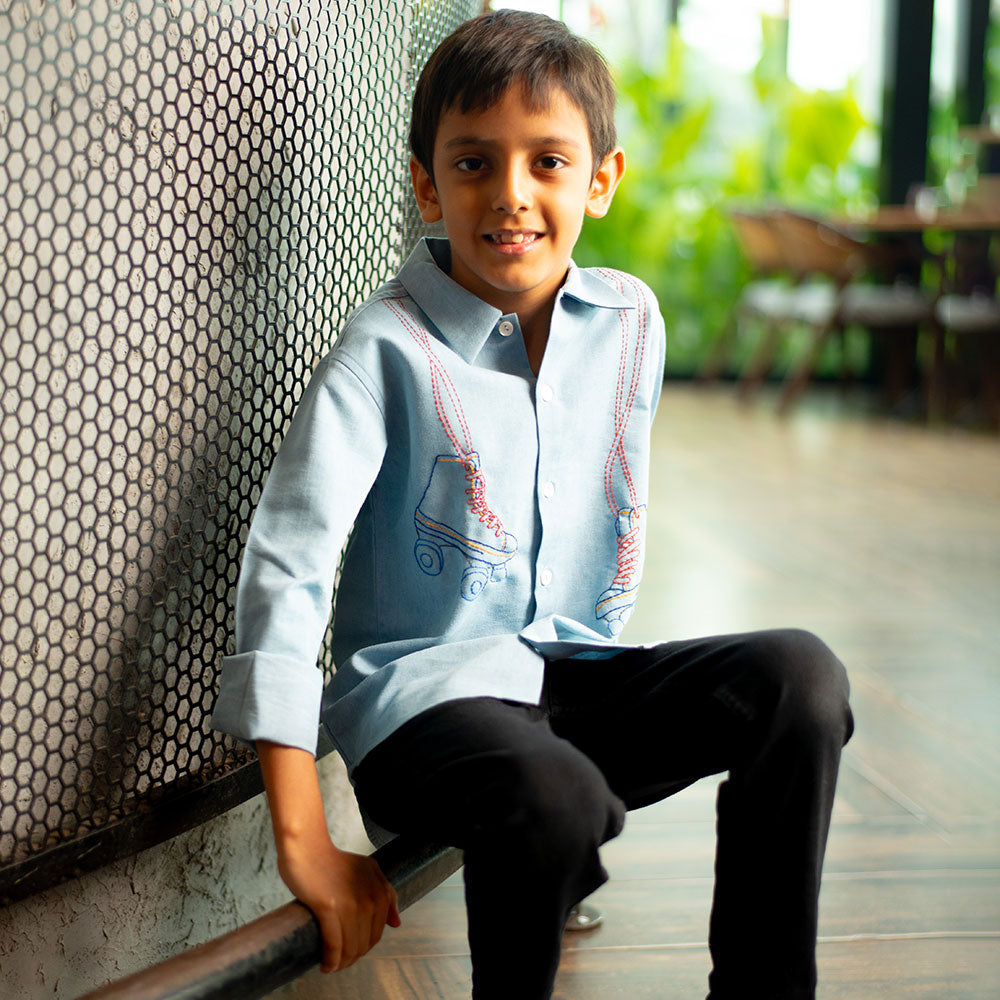 Roller Skates Embroidered Denim Shirt