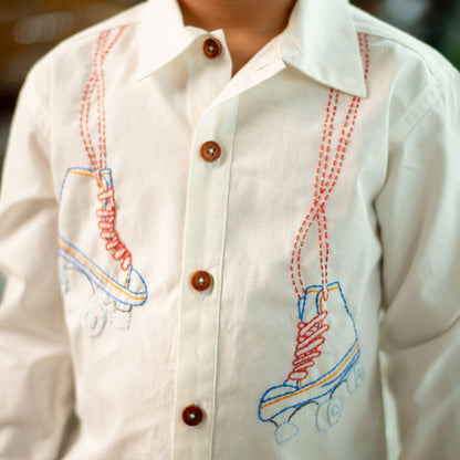 Roller Skates Embroidered Organic Cotton Shirt - White