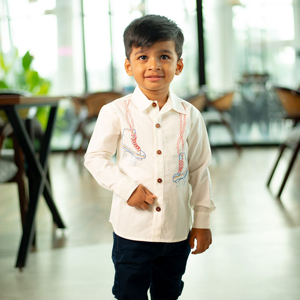 Roller Skates Embroidered Organic Cotton Shirt - White