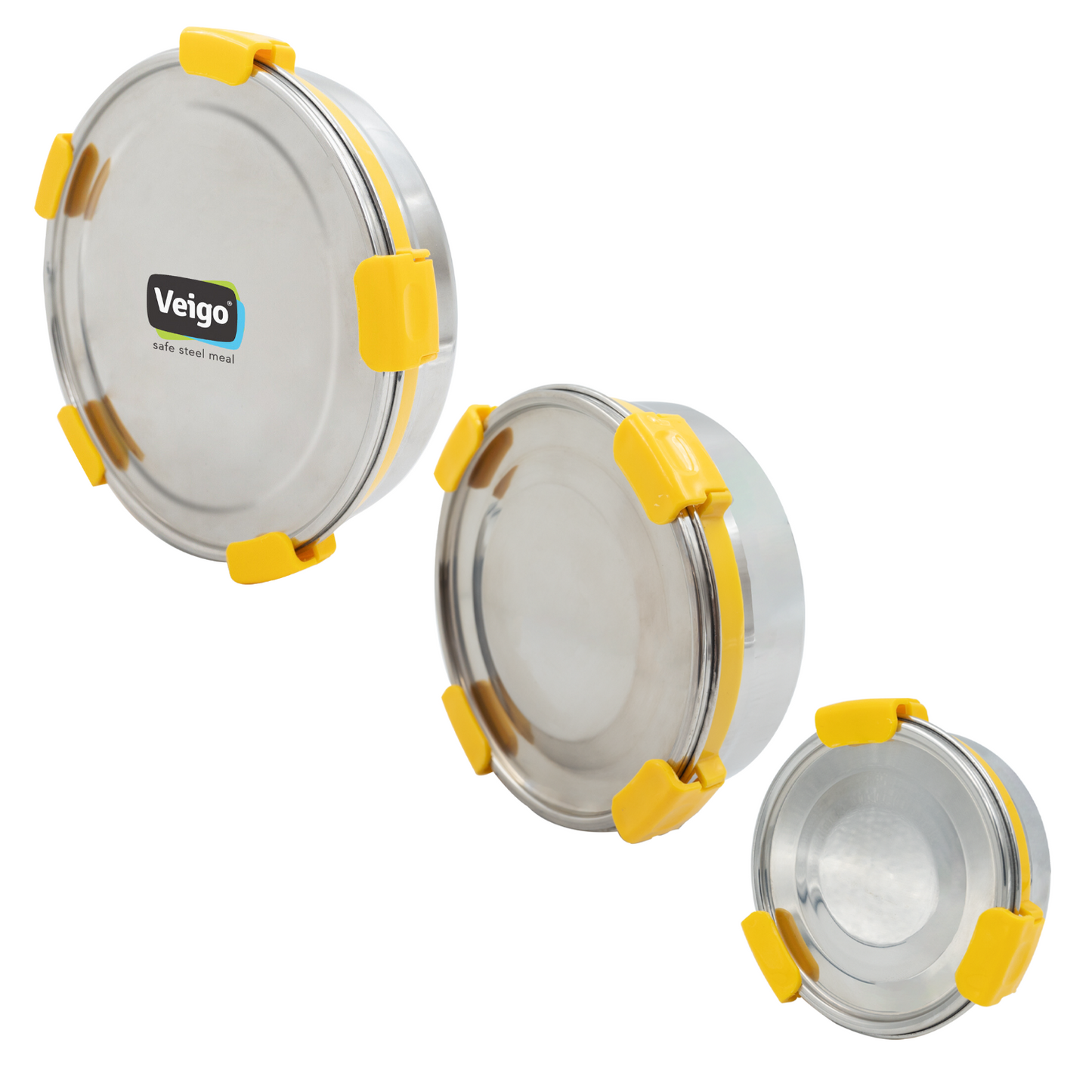 Veigo Maxosteel Round Storage Boxes with reversible clip mechanism- Set of 3 lunch boxes containers