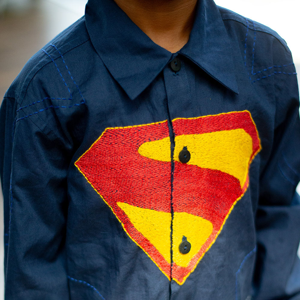Superhero Chest Icon Embroidered Organic Cotton Shirt - Navy
