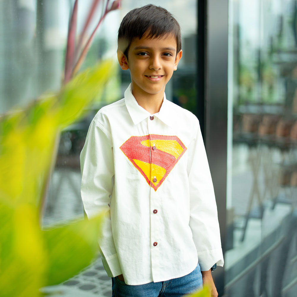 Superhero Chest Icon Embroidered Organic Cotton Shirt - White