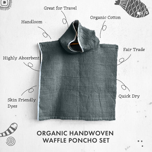 ORGANIC WAFFLE HOODED PONCHO TOWEL SET - GREY