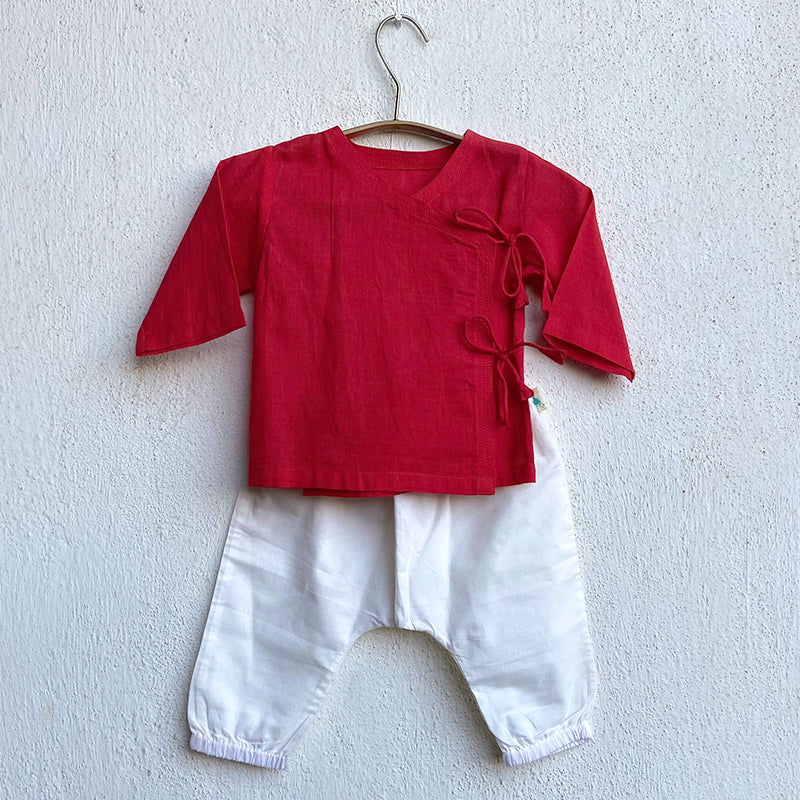 Organic Red Angrakha + White Pants
