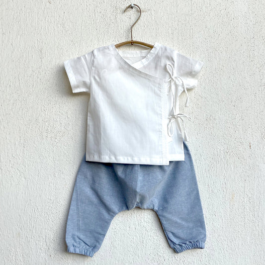 Organic Essential White Angrakha Top + Blue Chambray Pants