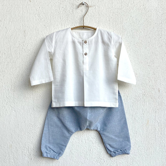 Organic Essential White Kurta + Blue Chambray Pants