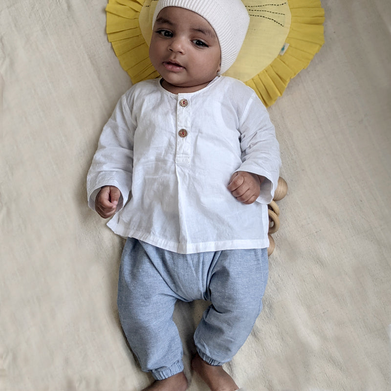 Organic Essential White Kurta + Blue Chambray Pants
