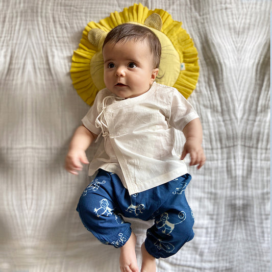 Organic White Angrakha Top+Zoo Print Indigo Pants