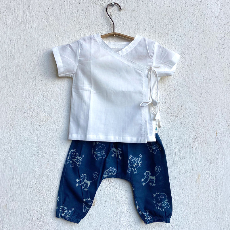 Organic White Angrakha Top+Zoo Print Indigo Pants
