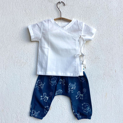 Organic White Angrakha Top+Zoo Print Indigo Pants