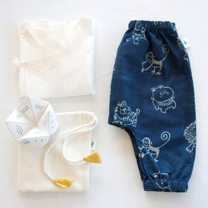 Organic White Angrakha Top+Zoo Print Indigo Pants