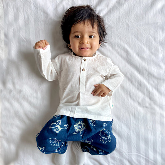 Organic White Kurta + Zoo Print Indigo Pants