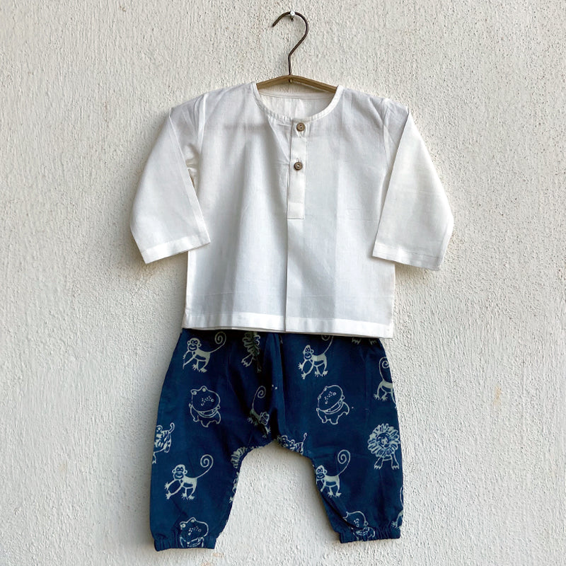 Organic White Kurta + Zoo Print Indigo Pants