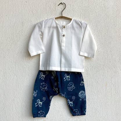 Organic White Kurta + Zoo Print Indigo Pants