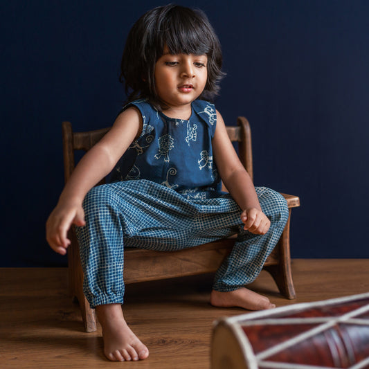 Organic Indigo Zoo Jhabla With Check Pants
