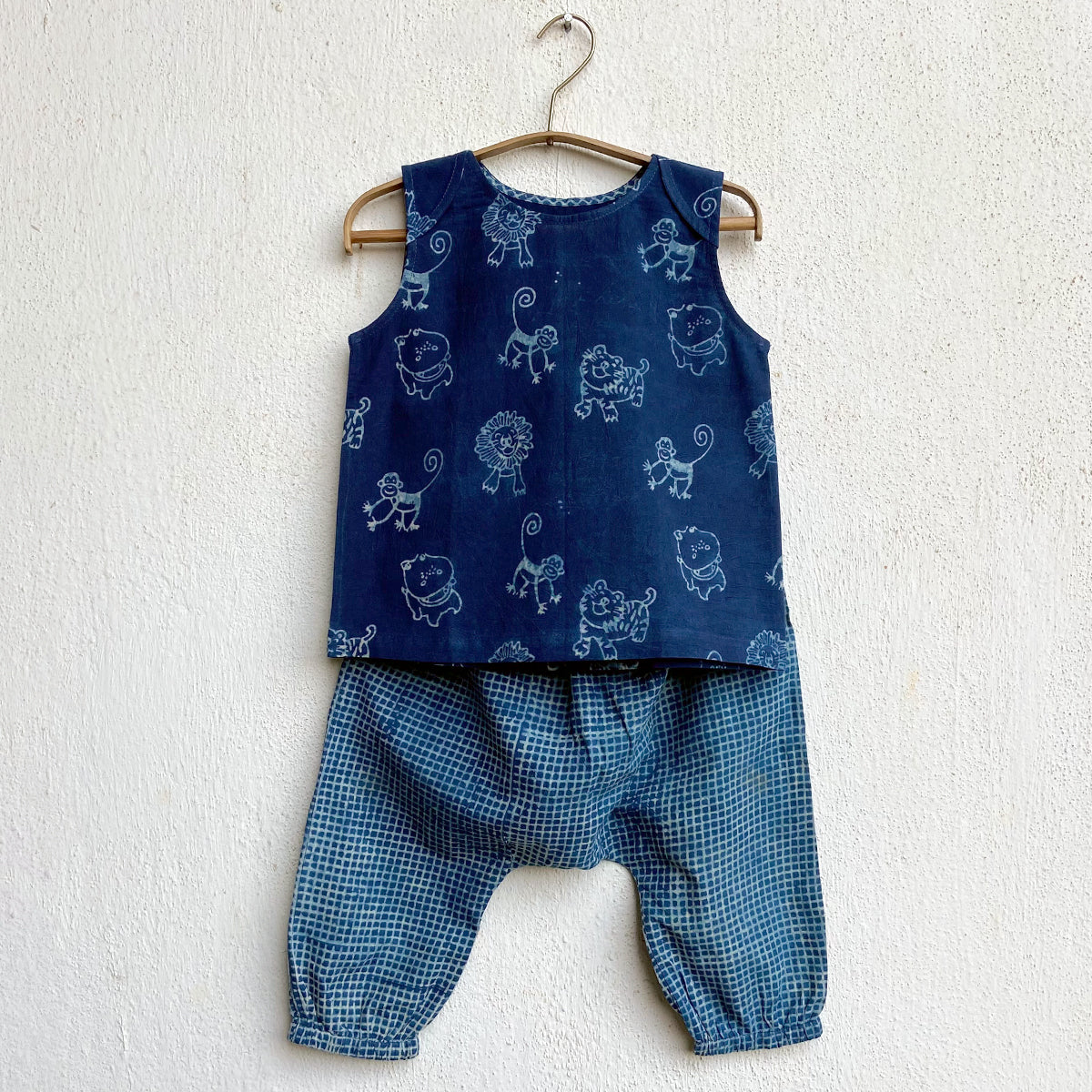 Organic Indigo Zoo Jhabla With Check Pants