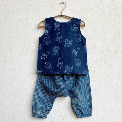 Organic Indigo Zoo Jhabla With Check Pants