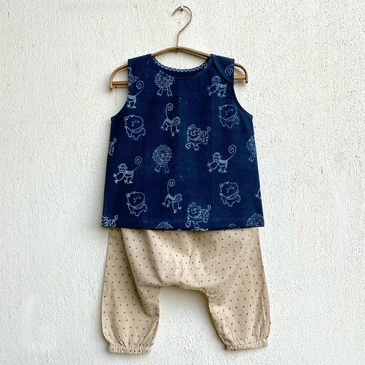 Organic Indigo Zoo Jhabla With Raidana Pants