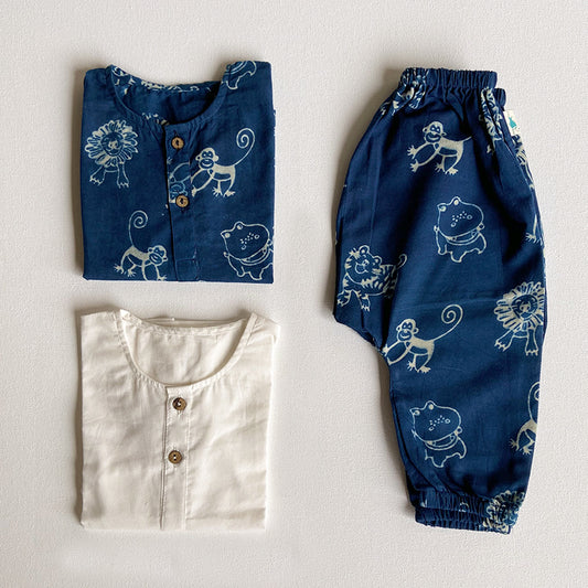 Organic Indigo Zoo Bag - Zoo And White Kurta + Zoo Pants