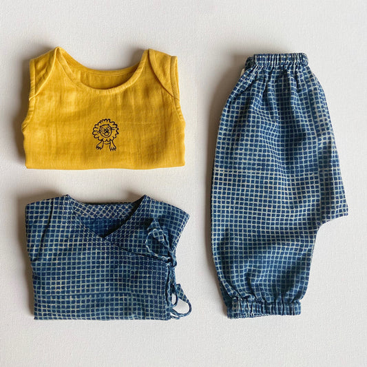 Organic Zoo Bag - Yellow Jhabla + Indigo Check Angarakha + Pants