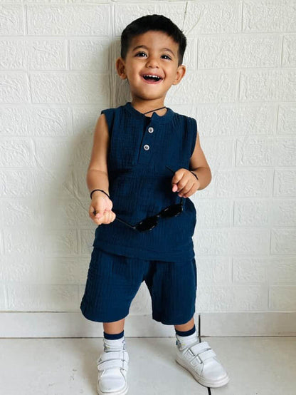 Navy Blue Organic Muslin Cotton Sleeveless Tshirt and Shorts