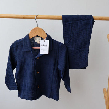 Navy Blue Organic Muslin Cotton Full Sleeve Set
