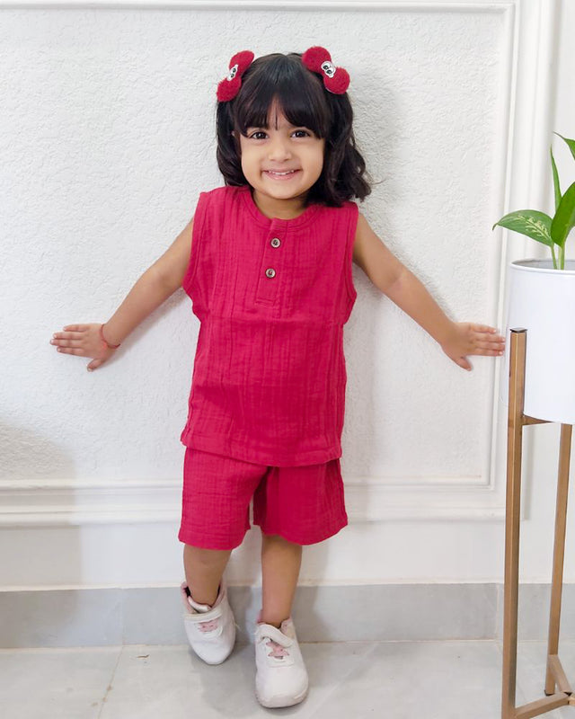 Maroon Organic Muslin Cotton Sleeveless Tshirt and Shorts