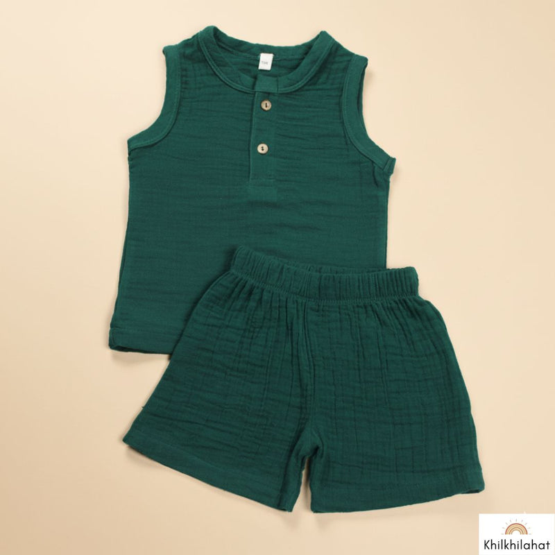 Olive Green Organic Muslin Cotton Sleeveless Tshirt and Shorts