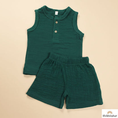 Olive Green Organic Muslin Cotton Sleeveless Tshirt and Shorts