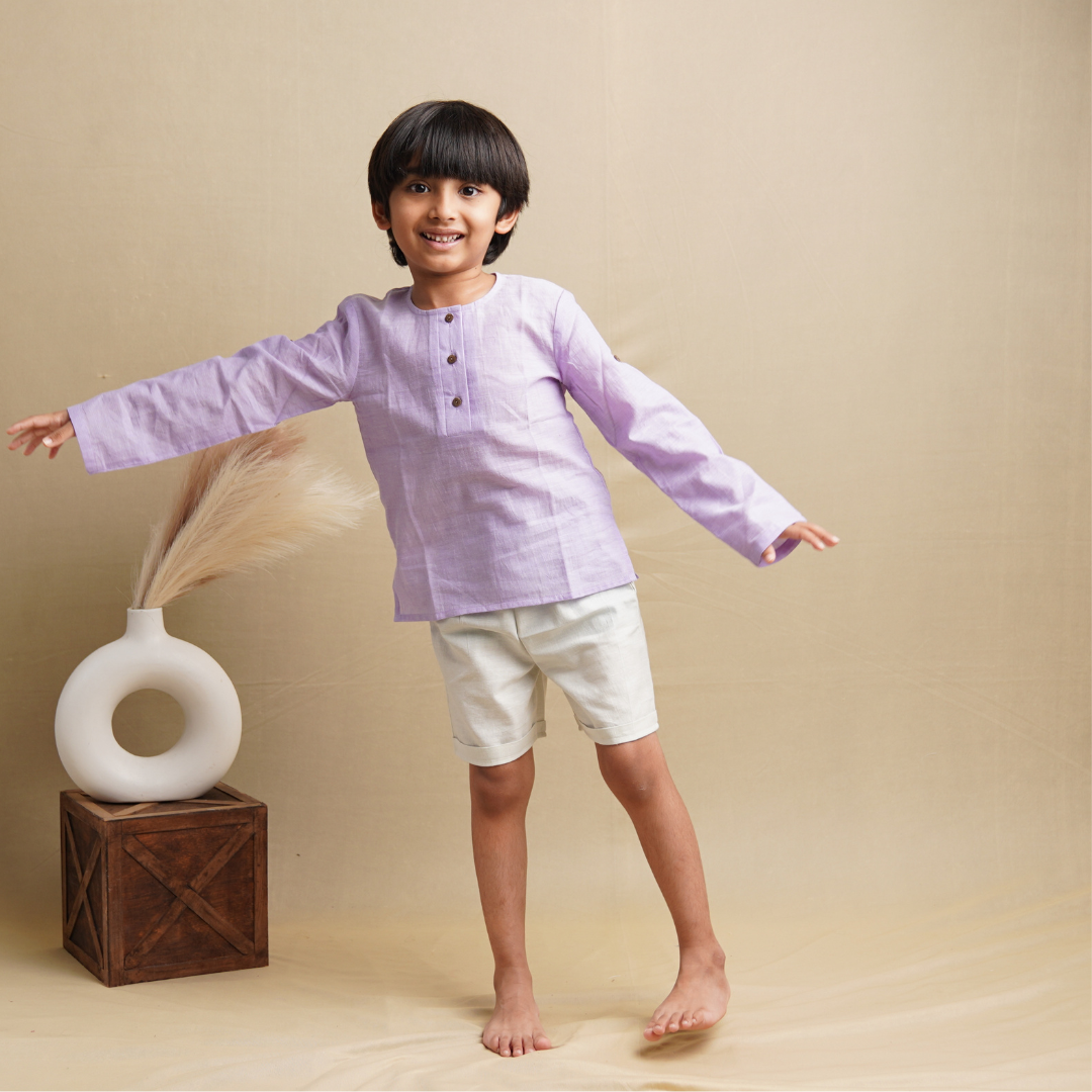 Earthy Wanderer' - Boys' Set with Full Sleeve Button-down Shirt and Shorts