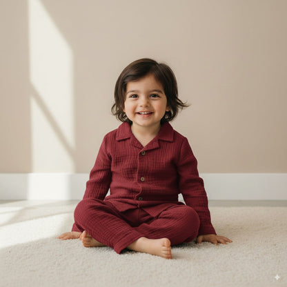 Maroon Organic Muslin Cotton Full Sleeve Set