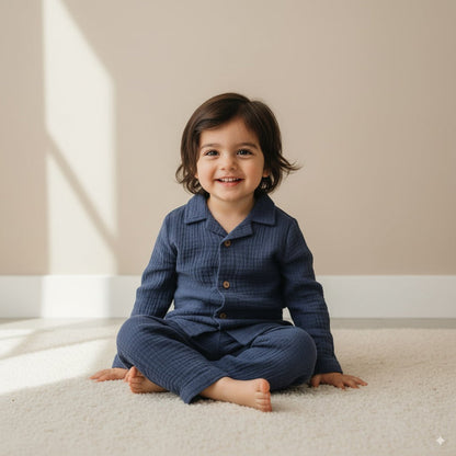 Navy Blue Organic Muslin Cotton Full Sleeve Set