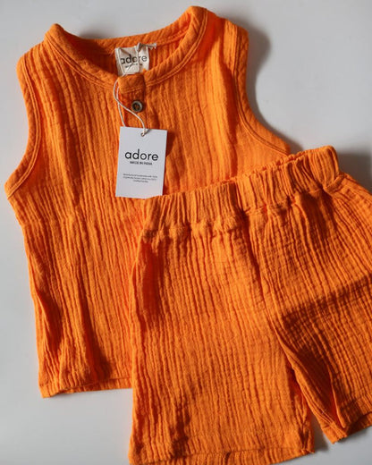 Mustard Organic Muslin Cotton Sleeveless Tshirt and Shorts