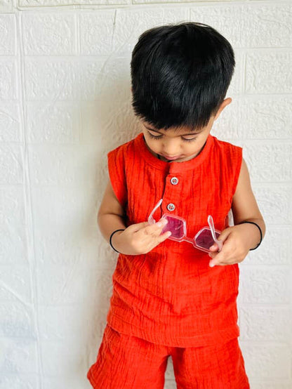 Rust Organic Muslin Cotton Sleeveless Tshirt and Shorts