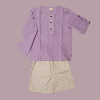 Earthy Wanderer' - Boys' Set with Full Sleeve Button-down Shirt and Shorts