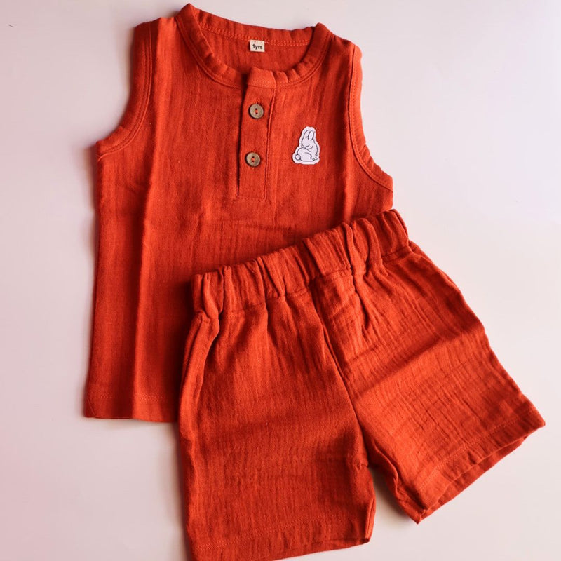 Rust Organic Muslin Cotton Sleeveless Tshirt and Shorts