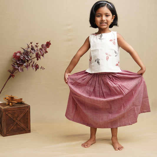 Twirl and Top' - Girls' Leaf Print Crop Top with Long Skirt