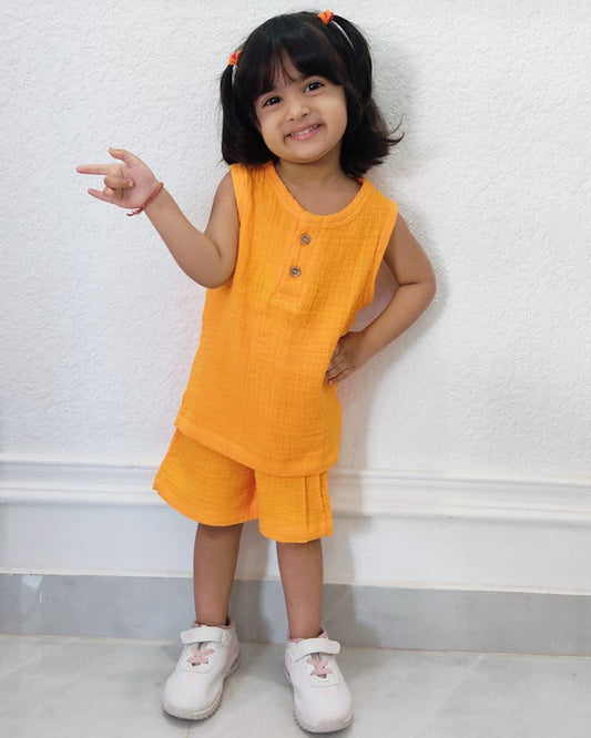Mustard Organic Muslin Cotton Sleeveless Tshirt and Shorts