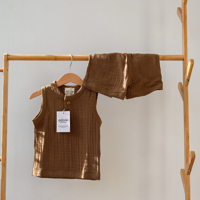 Cocoa Delight Organic Muslin Cotton Sleeveless Tshirt and Shorts
