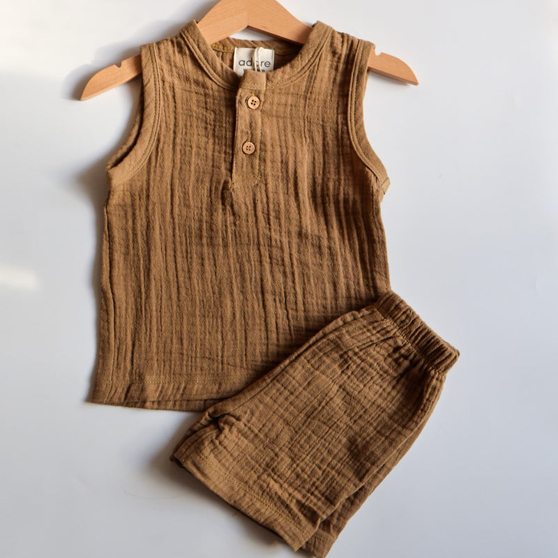 Cocoa Delight Organic Muslin Cotton Sleeveless Tshirt and Shorts