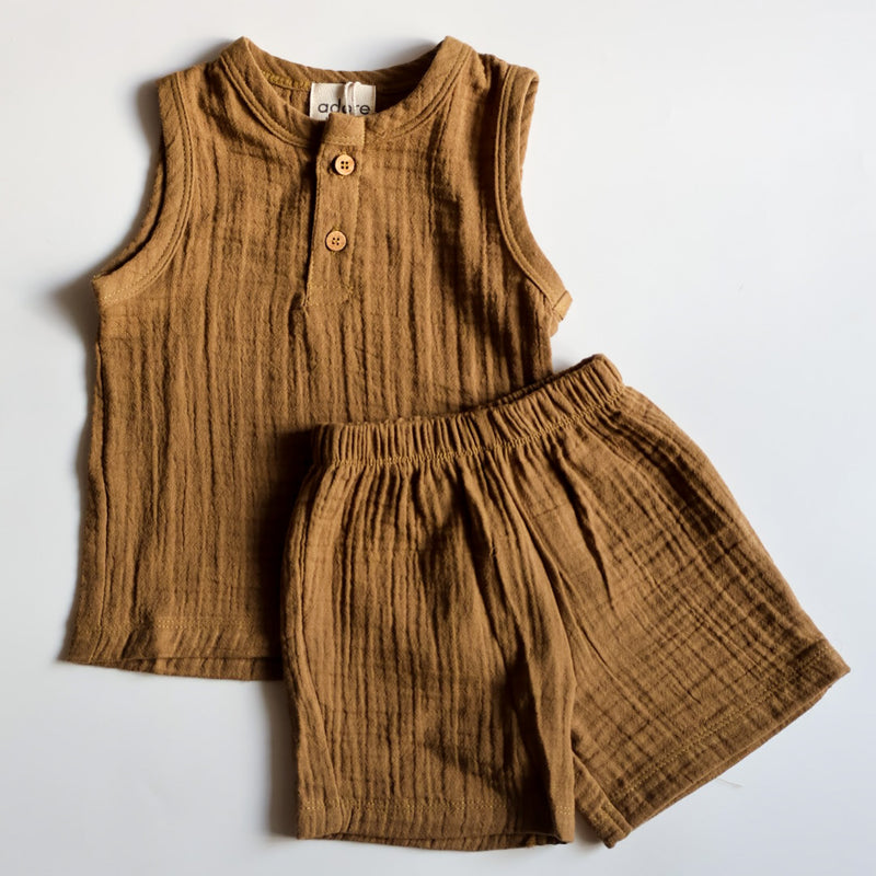 Cocoa Delight Organic Muslin Cotton Sleeveless Tshirt and Shorts