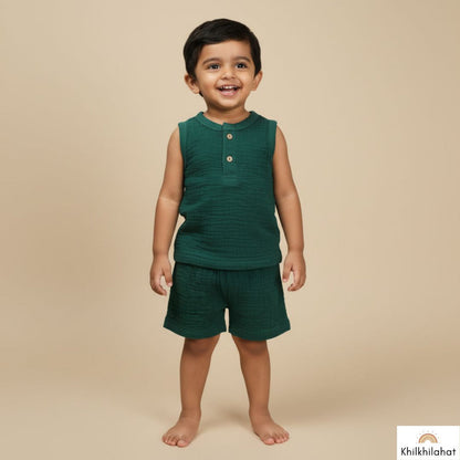 Olive Green Organic Muslin Cotton Sleeveless Tshirt and Shorts