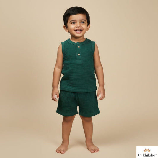 Olive Green Organic Muslin Cotton Sleeveless Tshirt and Shorts
