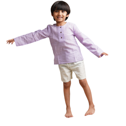 Earthy Wanderer' - Boys' Set with Full Sleeve Button-down Shirt and Shorts